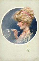 "Les Plaisirs permis" Soap Bubbles Artist Signed Postcard Postcard