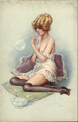 "Les Plaisirs permis" Soap Bubbles Artist Signed Postcard Postcard