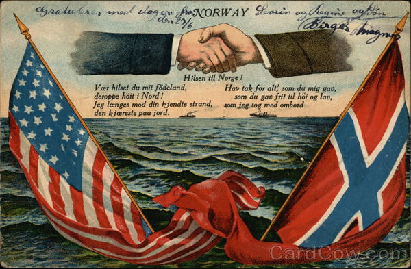 Handshake over US and Norwegian flags Norway