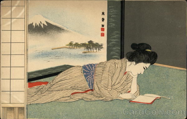 Japanese Woman Reads a Book, Mt. Fuji in Background