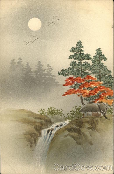 japanese landscape drawing in colors hand drawn