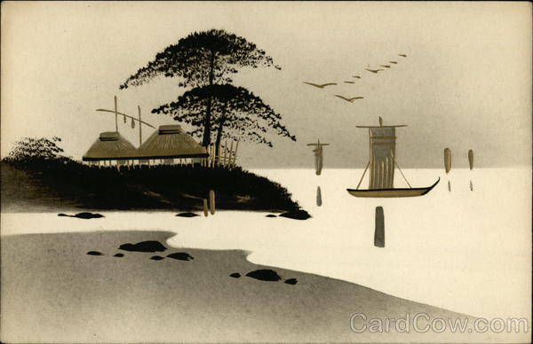 Beach Scene with Shelters and Boats Lacquer Art Urushi Japan