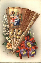 Spanish Painted Fan and Flowers Postcard