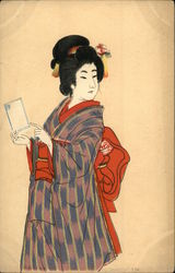Woman Wearing Kimono Holds A Letter Postcard