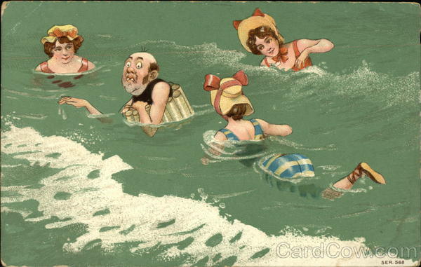 Three Women Swimming With Man Swimsuits & Pinup