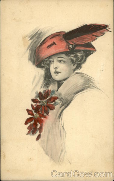 Woman in Red Hat with Poinsettias Women