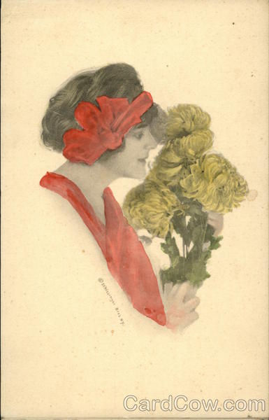 Girl with Orange Dress and Orange Bow in her Hair Smelling Bouquet of Yellow Flowers
