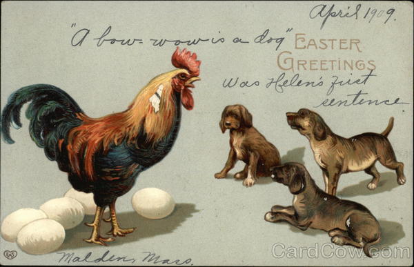 Easter Greetings - Rooster with Eggs and Puppies With Other Animals