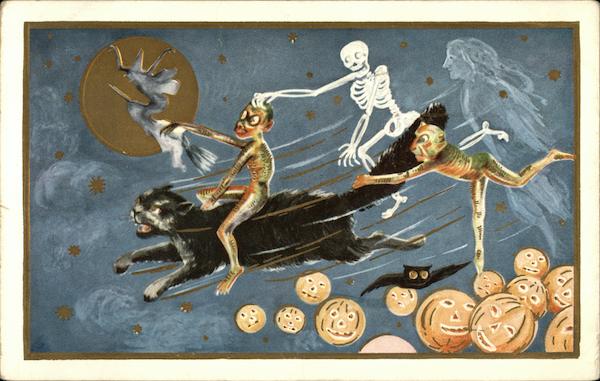Flying Witch on Broomstick, Skeleton, Ghoul on Large Black Cat, Bats, Ghost and Jack-o-Lanterns