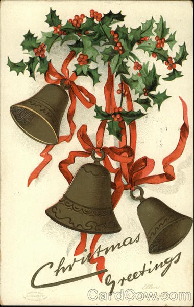Christmas Greetings with Holly, Bells, and Red Ribbon