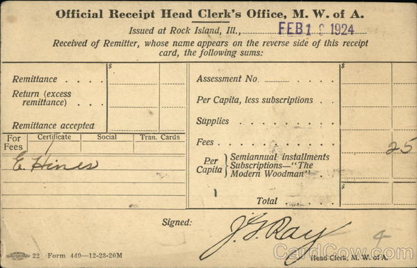 Official Receipt For Fees Paid M.W. of A Postal Cards