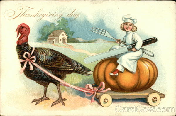 Thanksgiving day - Girl chef riding pumpkin pulled by turkey