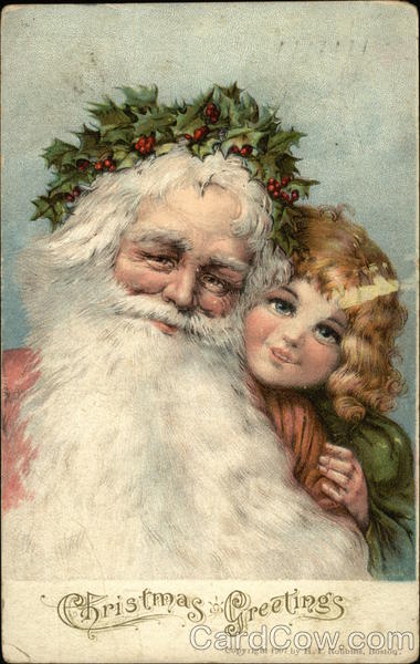 Santa With Holly Crown and Blonde Child Santa Claus