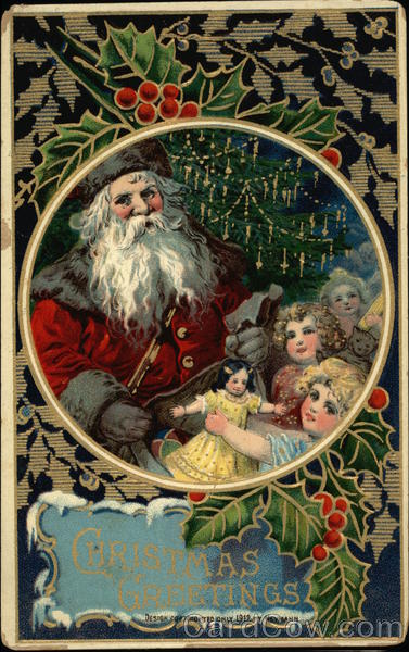 Christmas Greetings with Santa, Toys and Holly Santa Claus