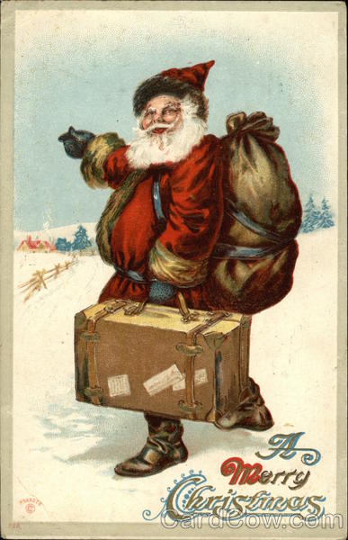 Santa with suitcase and backpack going on vacation