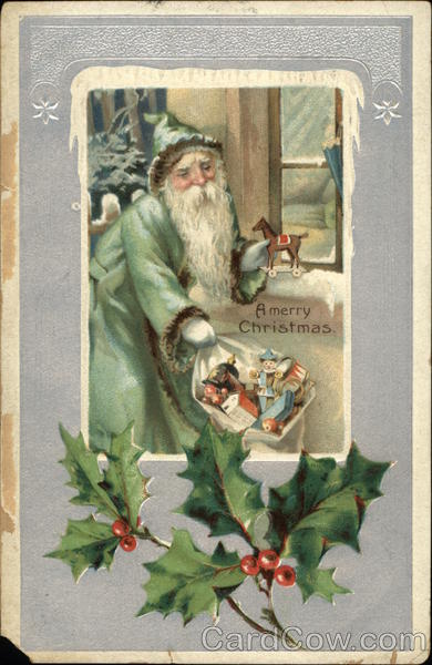 Santa in blue/green suit holding bag of toys Santa Claus