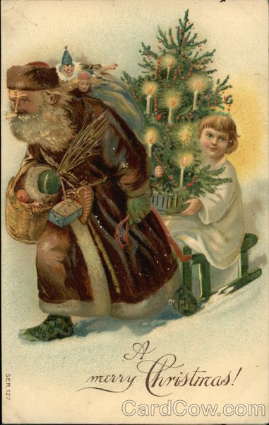 Santa in Brown Robe Pulling Sled with Child Holding Xmas Tree
