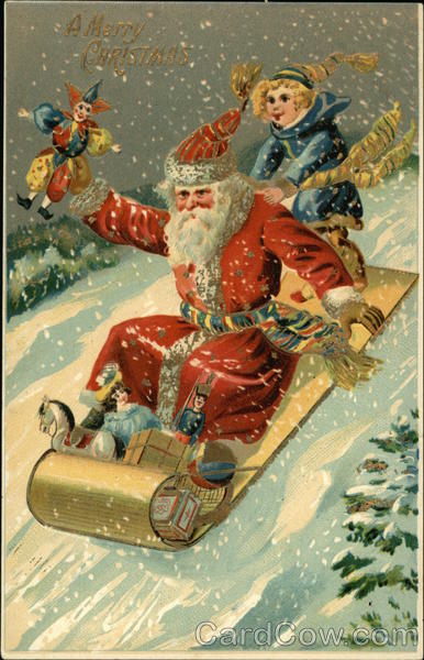Santa sledding down hill with child on back of sled