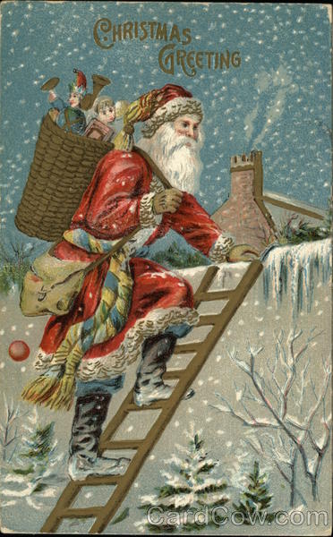 Christmas Greetings with Santa on a Ladder in the Snow