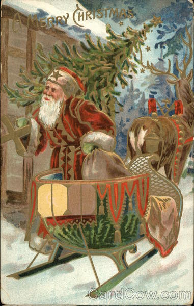 Santa Delivering Toys and Tree From Sled Pulled by Reindeer