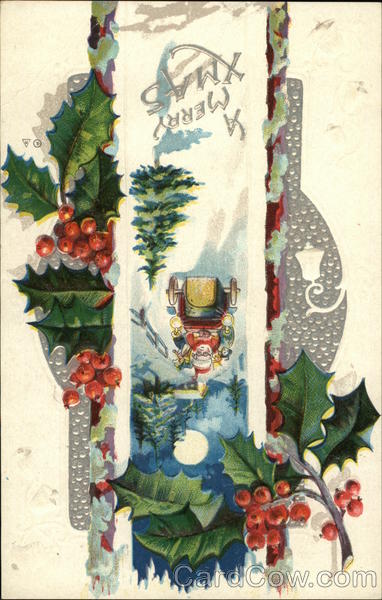 Santa Delivering Presents in Motorcar, Framed by Holly