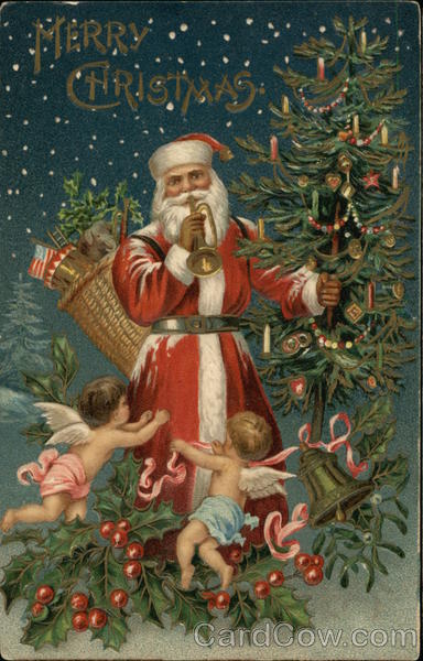 Santa Holding Toys and Tree, Blowing Horn Santa Claus