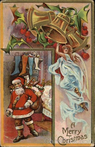 Santa Delivering Presents & Angel Ringing Bells Santa Claus