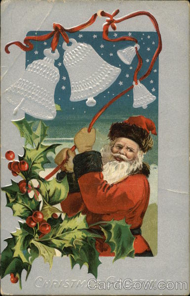 Santa holding red ribbon with bells and holly on the ribbon