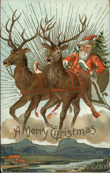 Santa Flying Over Home in Sled with Two Reindeer Santa Claus