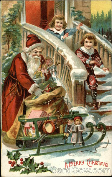 Santa Delivering Toys on Sled to Two Children Santa Claus