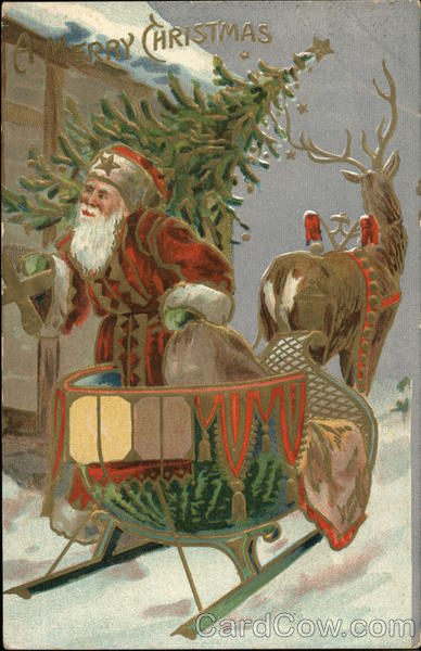Santa Delivering Tree From Sled Pulled by Reindeer
