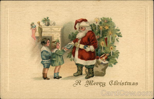 Two children giving Santa a gift Santa Claus