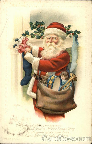 Santa putting toys in stocking Santa Claus