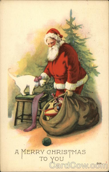 Santa Petting a White Cat by a Tree Santa Claus