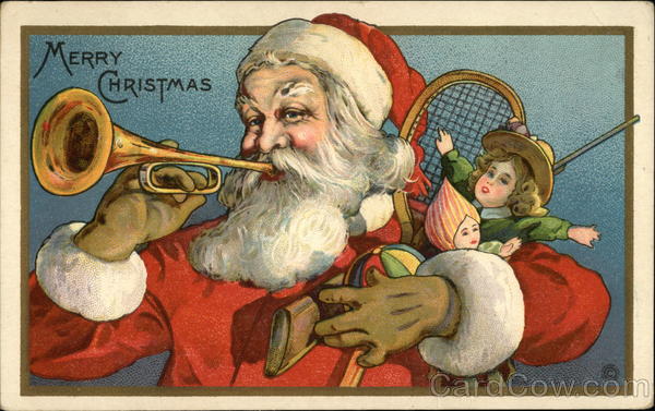 Santa With Toys and Blowing Horn Santa Claus