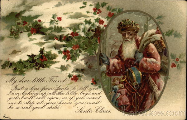 Old Santa pictured holding toys and bag in his hand