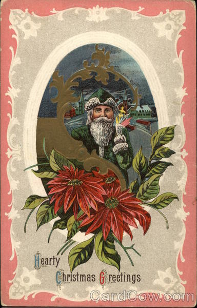 Hearty Christmas Greetings - Santa Claus and Poinsettias