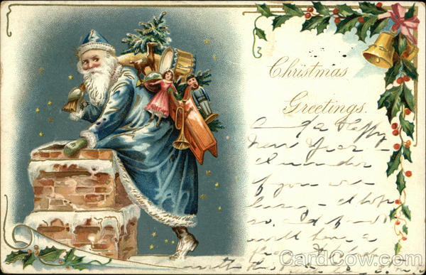 Santa in Blue Robe Climbing Into a Chimney Santa Claus