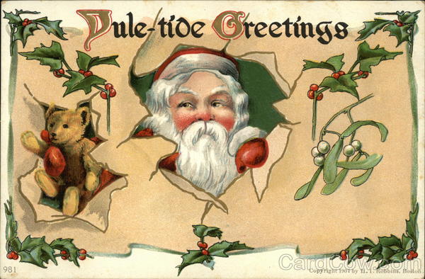 Santa and bear breaking through paper Santa Claus