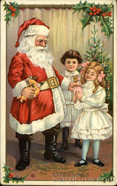 Santa Gives Dolls to Two Children Santa Claus