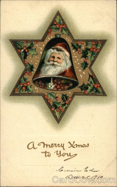 Santa Painted on Bell Framed by Jewish Star Santa Claus