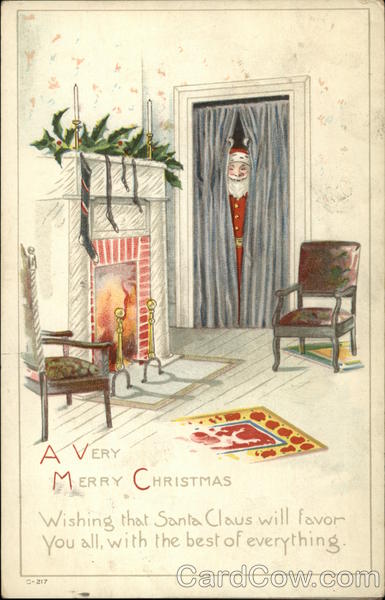 Santa Peeking Into Living Room Through Curtain in Doorway