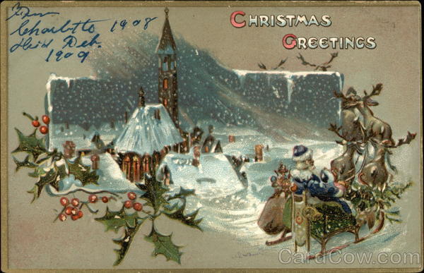 Santa in blue suit driving sled with reindeer to small town