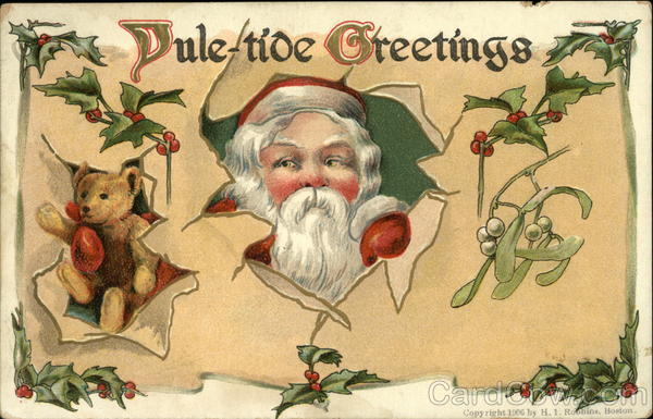 Santa and Bear Framed by Holly Santa Claus