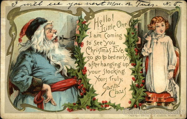 Santa in Blue Robe Calling Young Girl On Telephone