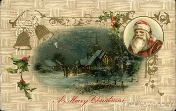 Snowy Scene With Church and Santa in Frame Santa Claus
