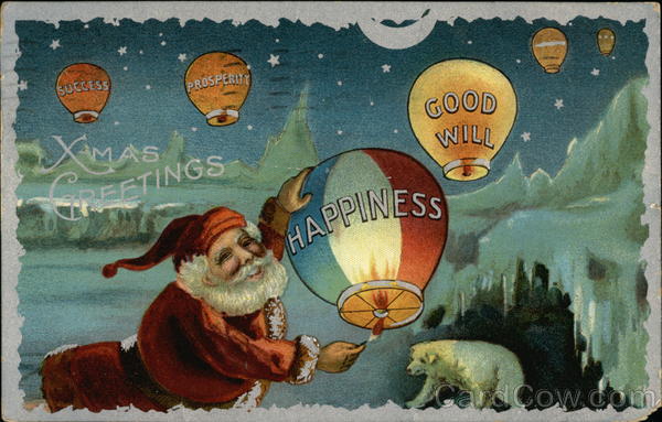 Xmas Greetings - Santa sending off balloons Santa Claus