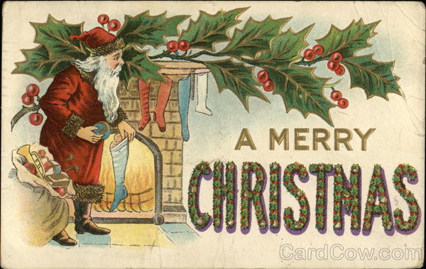 Santa putting gift in blue stocking in front of fireplace