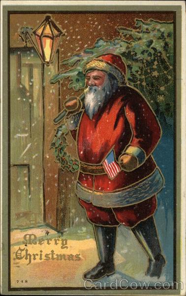 Merry Christmas with Santa holding American Flag Santa Claus