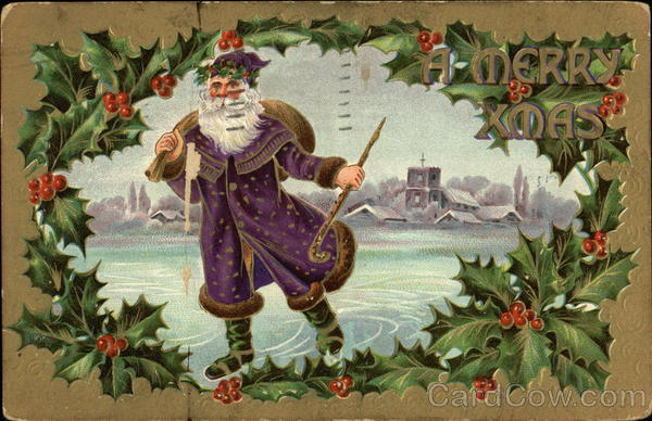 Santa in Purple Road Walking in Snow Santa Claus